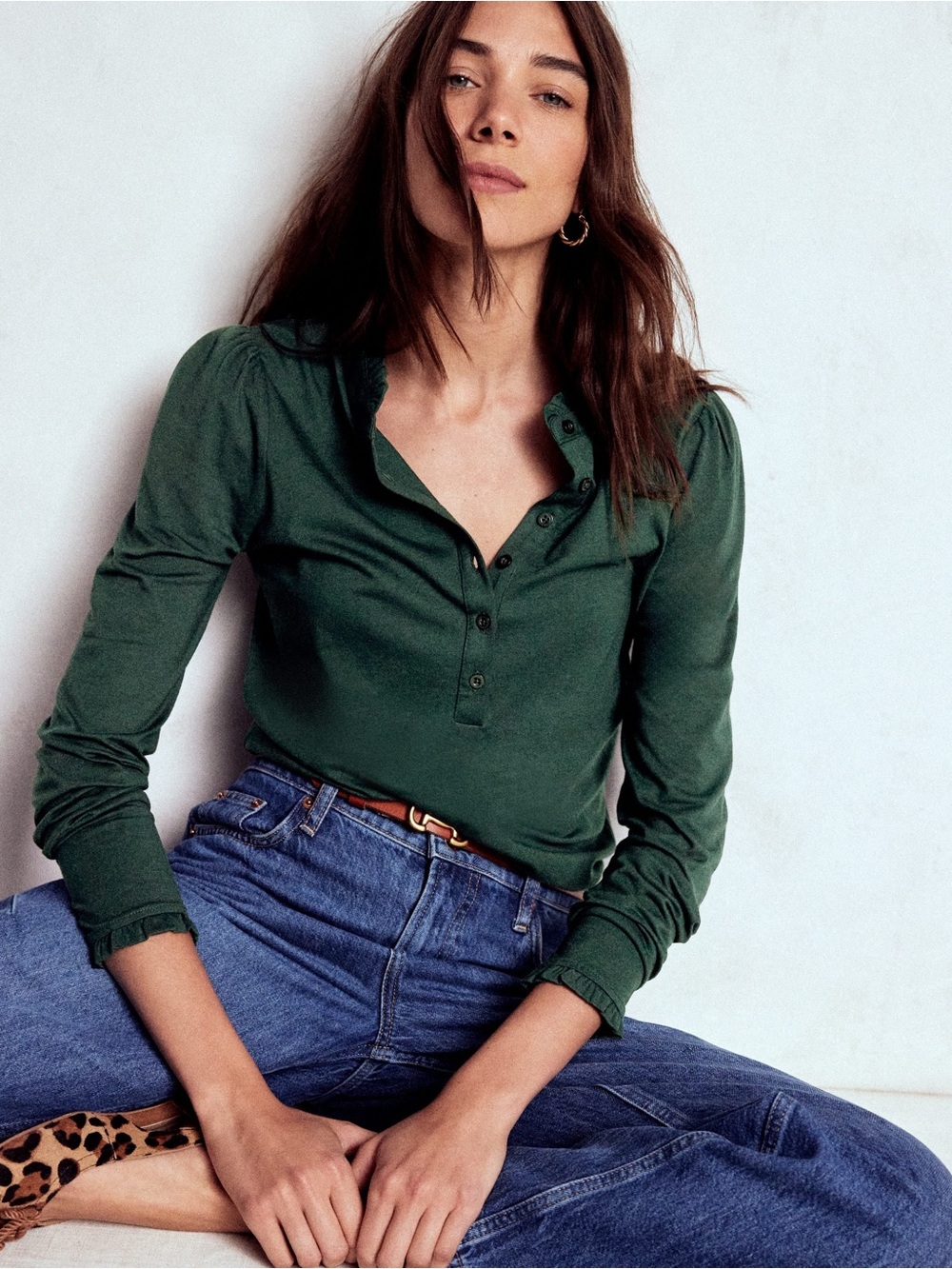 Boden Supersoft Frill Henley Top in Pine Green